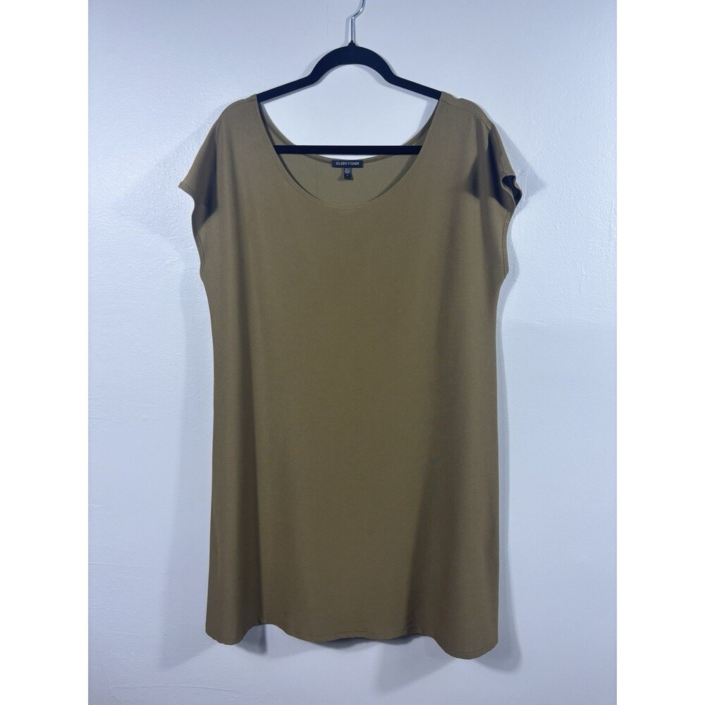 Eileen Fisher Size L Womens Olive Green Short Sleeve Fall Dress - EUC